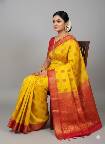 Pure Kuppadam Silk Cotton Saree with Traditional Korvai Zari Border & Contrast Pallu - Yellow & Red - pochampallysarees.com