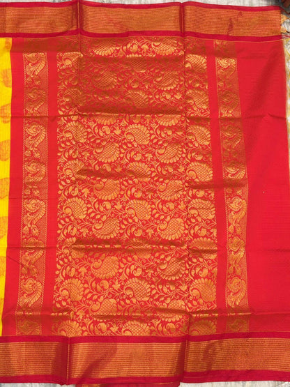 Pure Kuppadam Silk Cotton Saree with Traditional Korvai Zari Border & Contrast Pallu - Yellow & Red - pochampallysarees.com