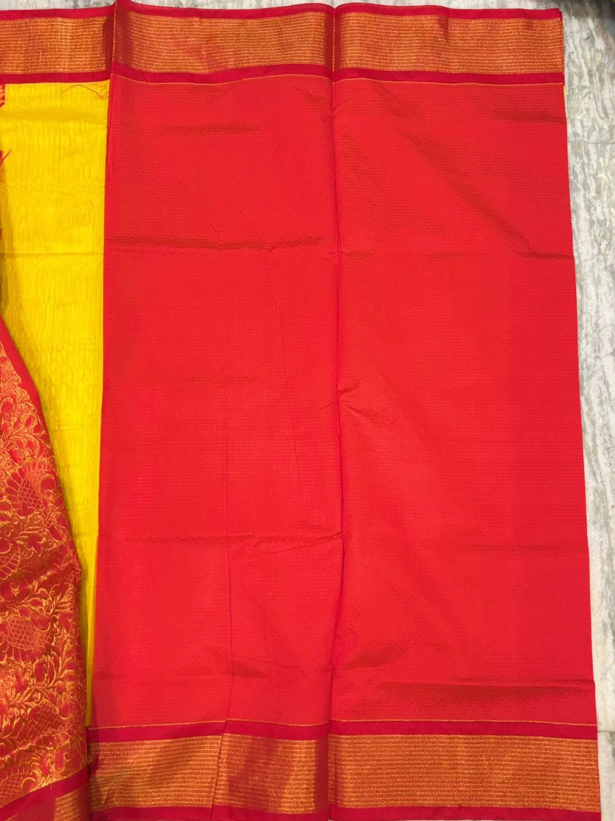 Pure Kuppadam Silk Cotton Saree with Traditional Korvai Zari Border & Contrast Pallu - Yellow & Red - pochampallysarees.com