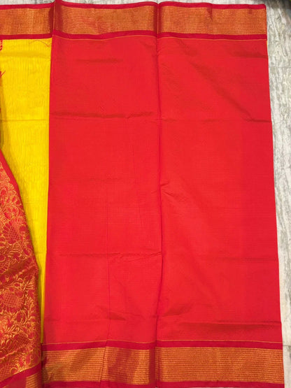 Pure Kuppadam Silk Cotton Saree with Traditional Korvai Zari Border & Contrast Pallu - Yellow & Red - pochampallysarees.com