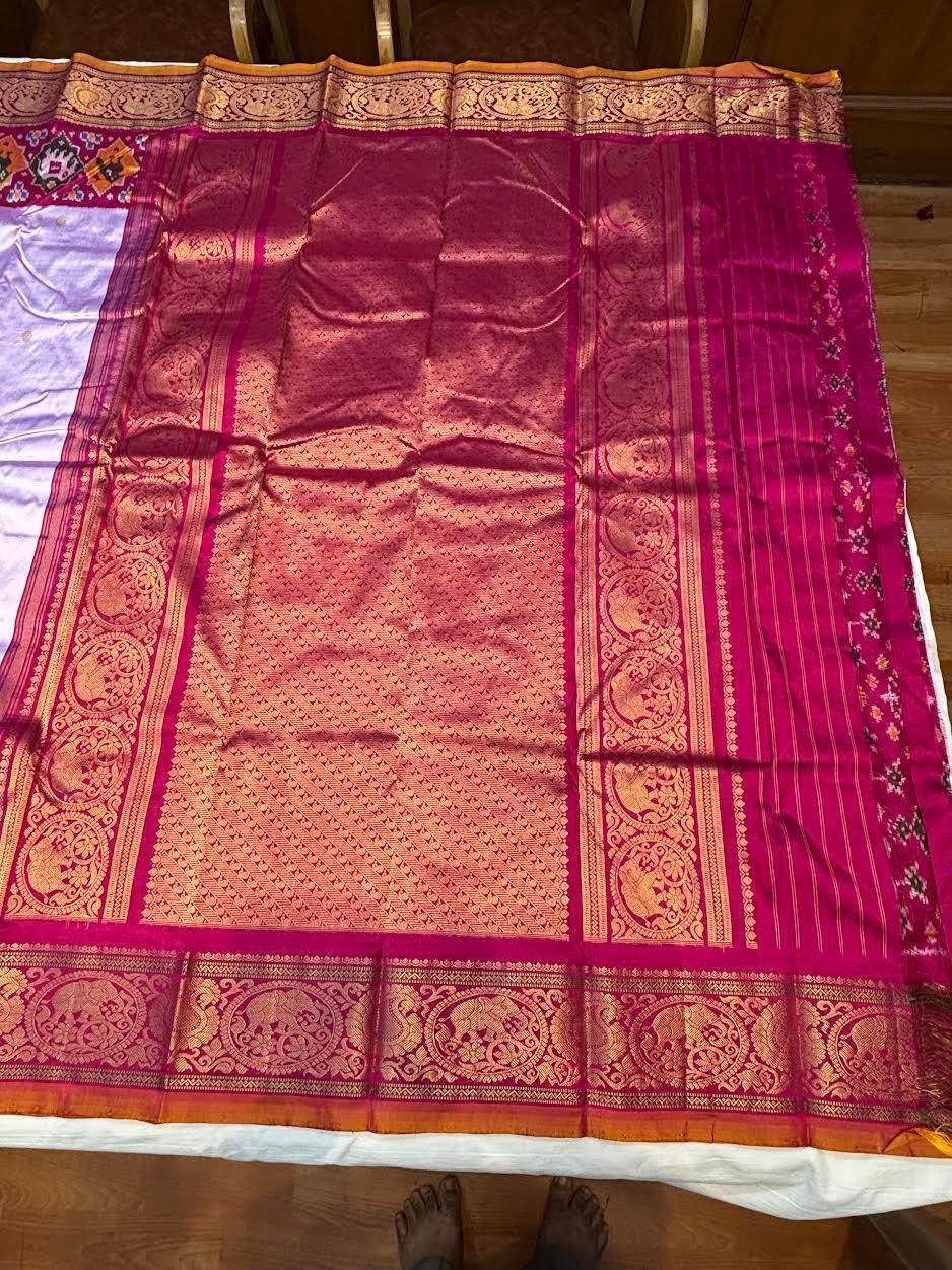 Lavender & Pink Pure Pochampally Kanchi Ikkat Silk Saree with Rich Zari Border | Wedding & Festive Wear - pochampallysarees.com