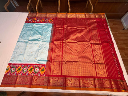 Lavender & Pink Pure Pochampally Kanchi Ikkat Silk Saree with Rich Zari Border | Wedding & Festive Wear - pochampallysarees.com