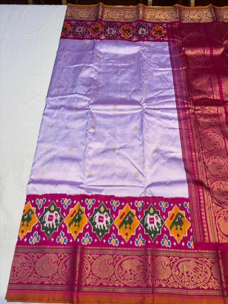 Lavender & Pink Pure Pochampally Kanchi Ikkat Silk Saree with Rich Zari Border | Wedding & Festive Wear - pochampallysarees.com