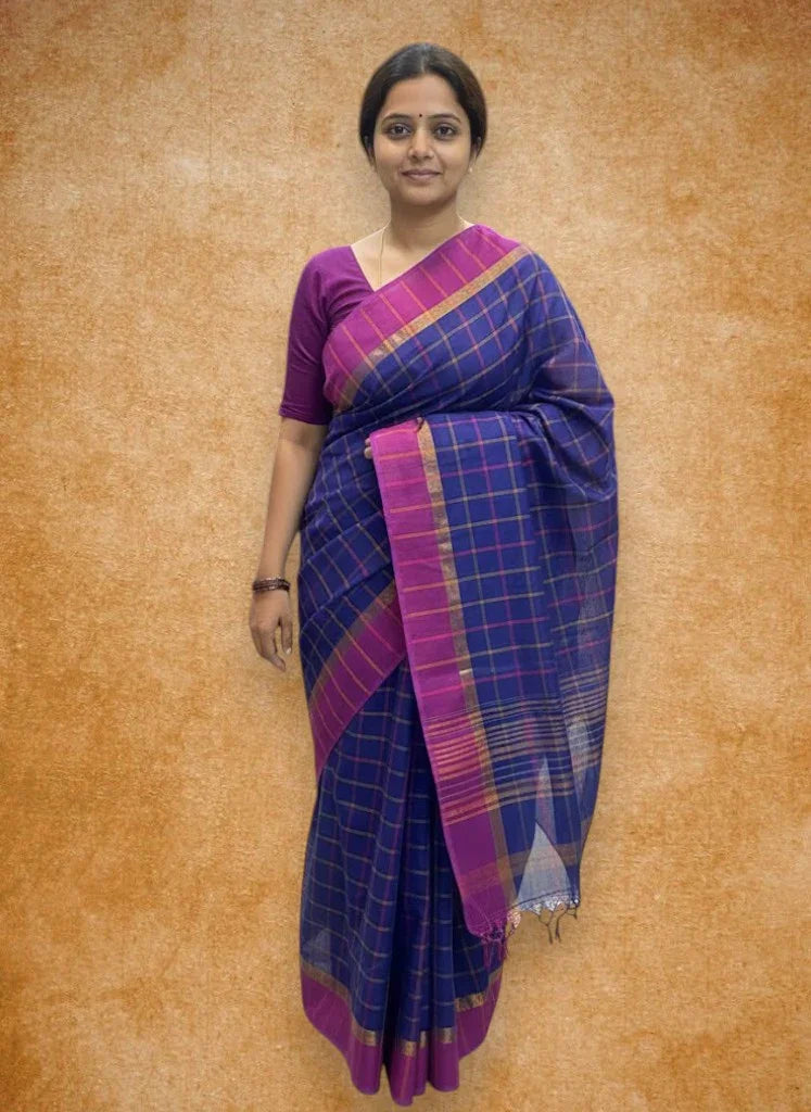MANGALAGIRI COTTONS BODY NAVY BLUE CHECKS DESIGNER BORDER ZARI PALLU AND BLOUSE RUNNING - pochampallysarees.com