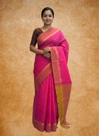 MANGALAGIRI COTTONS BODY PINK CHECKS DESIGNER BORDER ZARI PALLU AND BLOUSE RUNNING - pochampallysarees.com