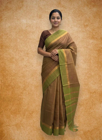 MANGALAGIRI COTTONS BODY BROWN CHECKS DESIGNER BORDER ZARI PALLU AND BLOUSE RUNNING - pochampallysarees.com