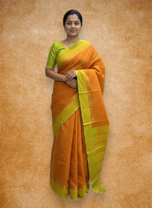 MANGALAGIRI COTTONS BODY ORANGE CHECKS DESIGNER BORDER ZARI PALLU AND BLOUSE RUNNING - pochampallysarees.com