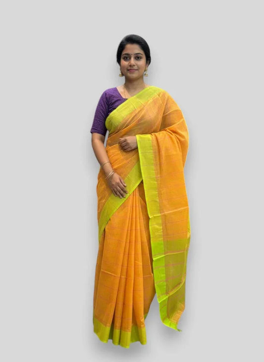 MANGALAGIRI COTTONS BODY YELLOW CHECKS DESIGNER BORDER ZARI PALLU AND BLOUSE RUNNING - pochampallysarees.com