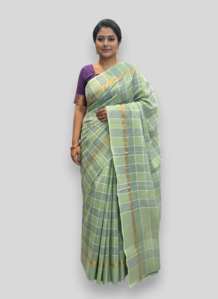 MANGALAGIRI COTTONS BODY CHECKS DESIGNER BORDER ZARI PALLU AND BLOUSE RUNNING - pochampallysarees.com