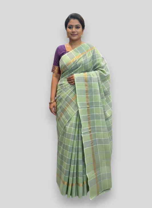MANGALAGIRI COTTONS BODY CHECKS DESIGNER BORDER ZARI PALLU AND BLOUSE RUNNING - pochampallysarees.com