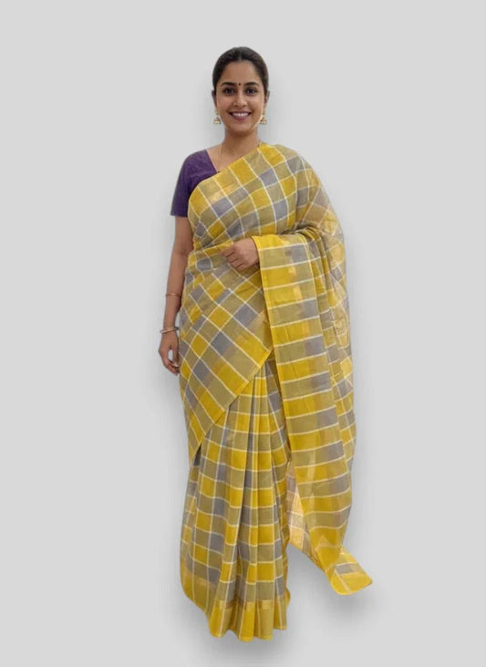 MANGALAGIRI COTTONS BODY YELLOW GRAY CHECKS DESIGNER BORDER ZARI PALLU AND BLOUSE RUNNING - pochampallysarees.com