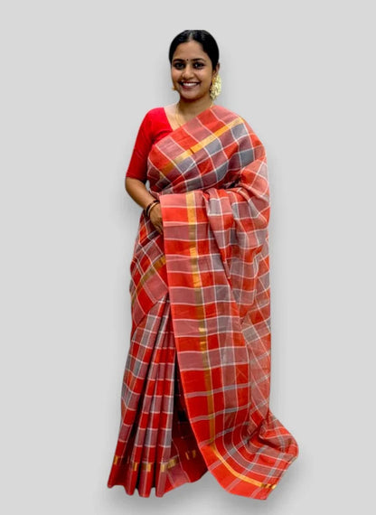 MANGALAGIRI COTTONS BODY GRAY BLUE CHECKS DESIGNER BORDER ZARI PALLU AND BLOUSE RUNNING - pochampallysarees.com
