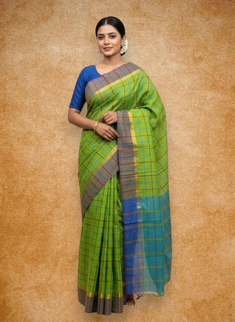 MANGALAGIRI COTTONS BODY PARROT GREEN CHECKS DESIGNER BORDER ZARI PALLU AND BLOUSE RUNNING - pochampallysarees.com