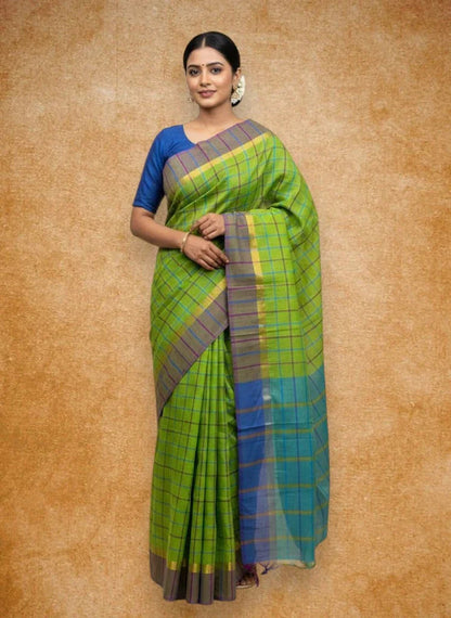 MANGALAGIRI COTTONS BODY PARROT GREEN CHECKS DESIGNER BORDER ZARI PALLU AND BLOUSE RUNNING - pochampallysarees.com