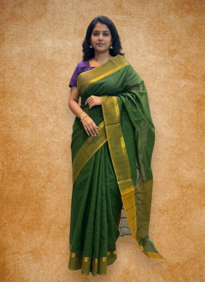 MANGALAGIRI COTTONS BODY GREEN CHECKS DESIGNER BORDER ZARI PALLU AND BLOUSE RUNNING - pochampallysarees.com