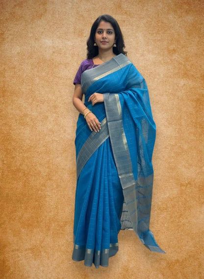 MANGALAGIRI COTTONS BODY ANANDA BLUE CHECKS DESIGNER BORDER ZARI PALLU AND BLOUSE RUNNING - pochampallysarees.com