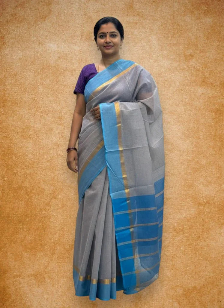 MANGALAGIRI COTTONS BODY GRAY CHECKS DESIGNER BORDER ZARI PALLU AND BLOUSE RUNNING - pochampallysarees.com