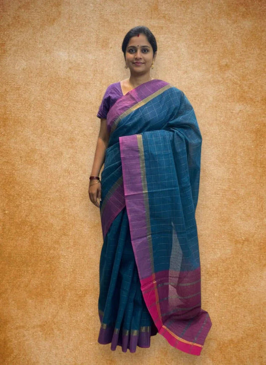 MANGALAGIRI COTTONS BODY GRAY CHECKS DESIGNER BORDER ZARI PALLU AND BLOUSE RUNNING - pochampallysarees.com