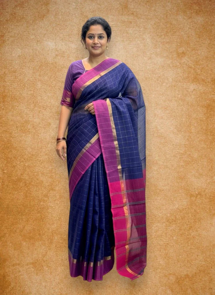MANGALAGIRI COTTONS BODY NAVY BLUE CHECKS DESIGNER BORDER ZARI PALLU AND BLOUSE RUNNING - pochampallysarees.com