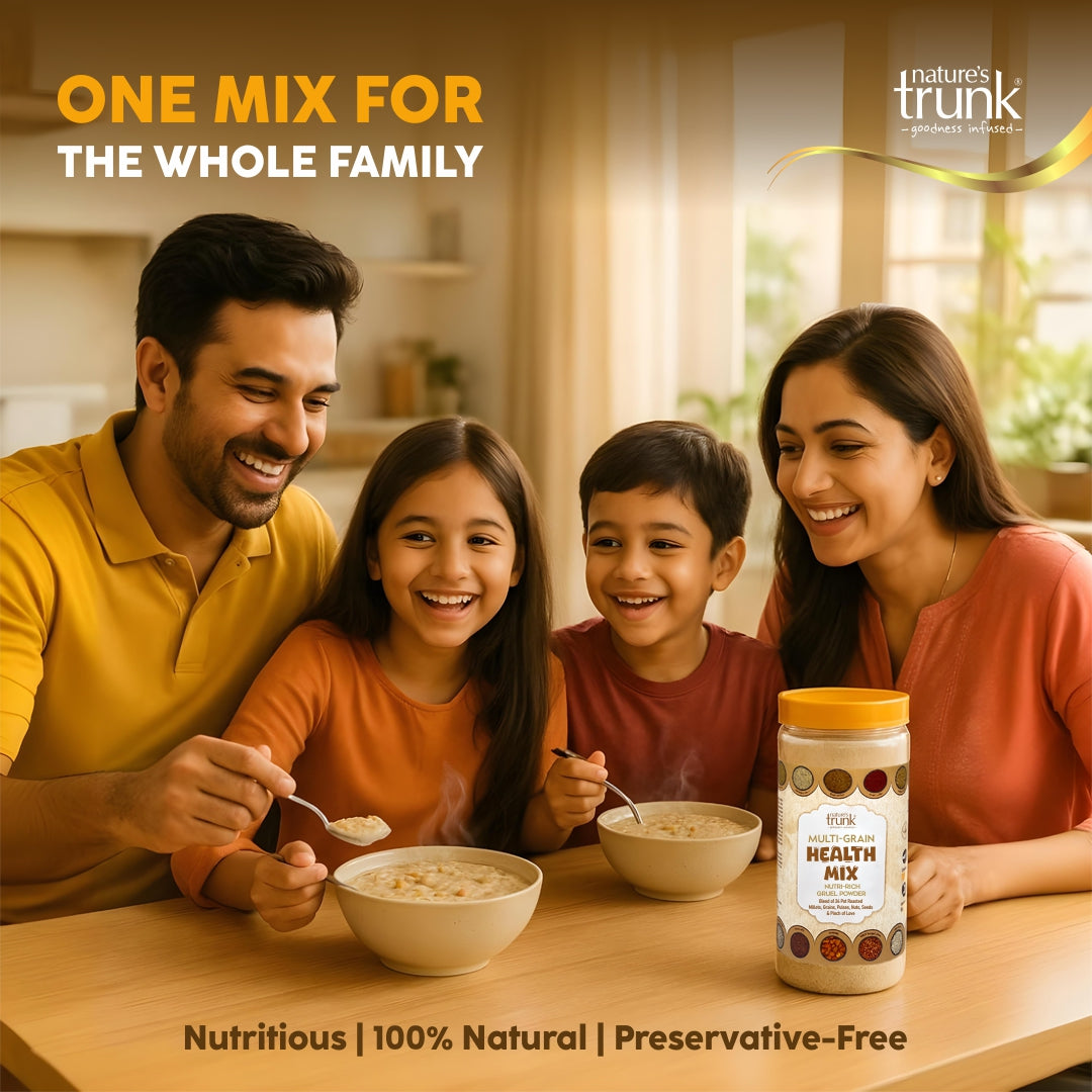 Happy family enjoying nutritious multi-grain health mix breakfast, 100% natural preservative-free healthy food