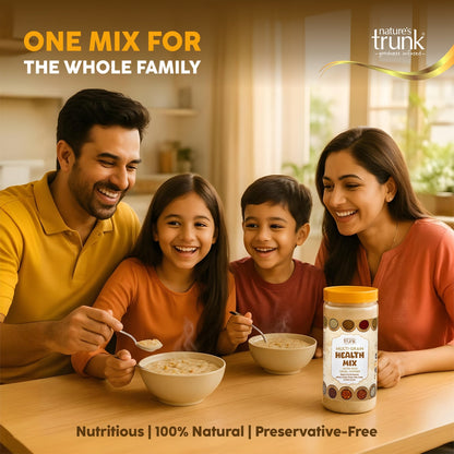 Happy family enjoying nutritious multi-grain health mix breakfast, 100% natural preservative-free healthy food