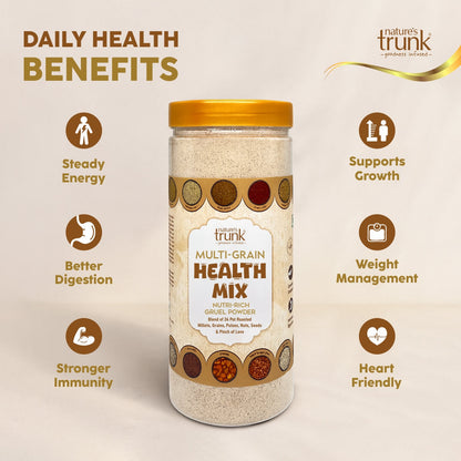 Multi grain healthy flours mix jar showing Nature’s Trunk Multi-Grain Health Mix — a nutritious blend of 24 grains and millets promoting better digestion, energy, immunity, and overall wellness.