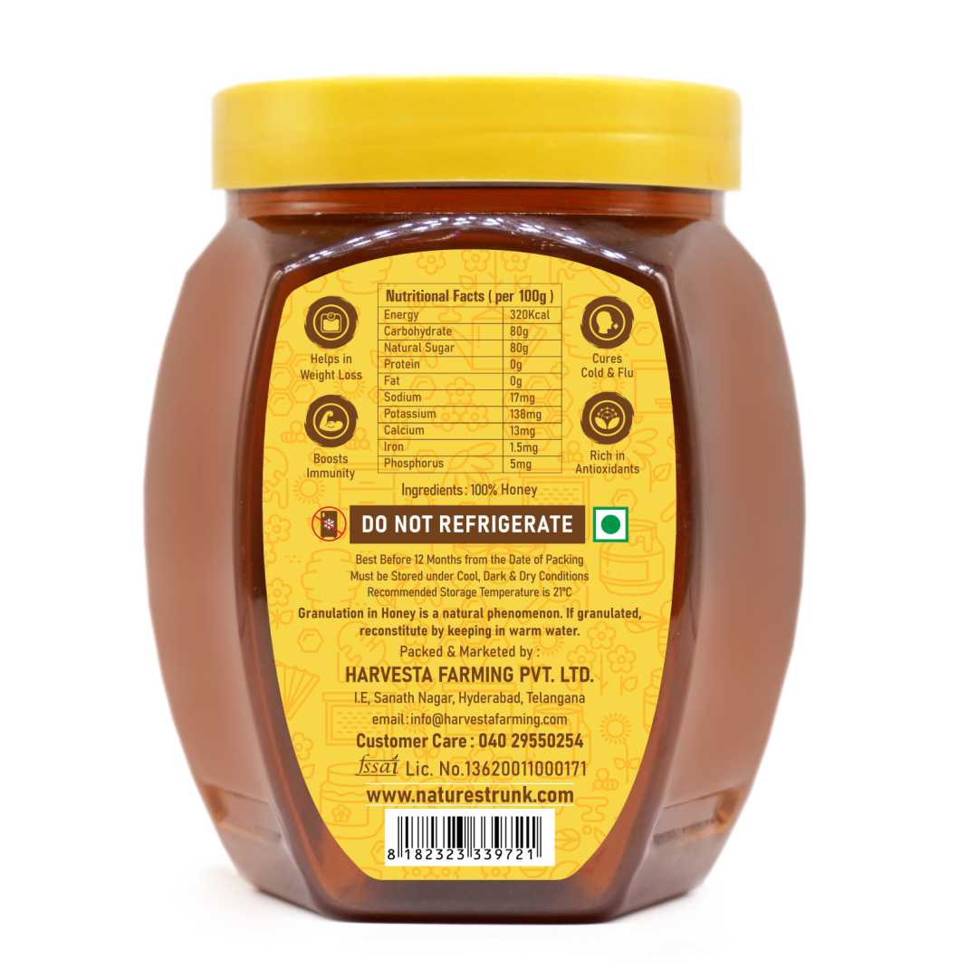 Nature’s Trunk honey jar back label showing nutrition facts – natural honey online, best natural honey online