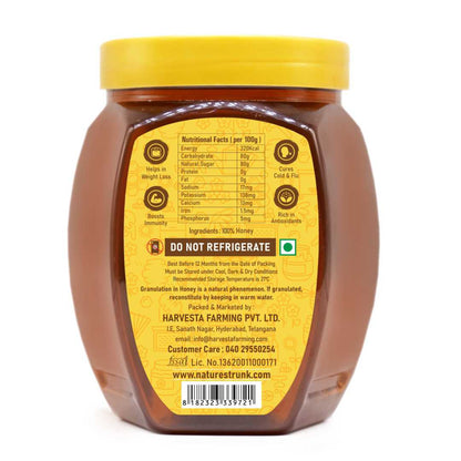Nature’s Trunk honey jar back label showing nutrition facts – natural honey online, best natural honey online