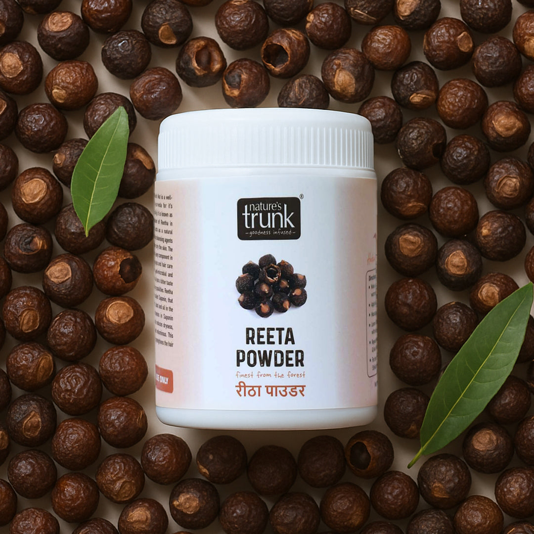 Natural reetha powder made from pure soapnuts — herbal kumkudu kaya powder for gentle hair cleansing. Buy reetha powder online for chemical-free hair care.