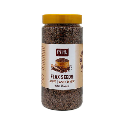 Nature’s Trunk flax seeds jar isolated on white background, healthy superfood flax seeds, organic seeds online