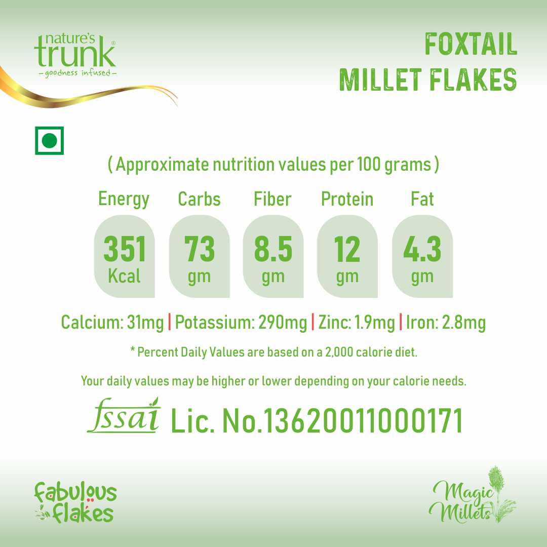Nature’s Trunk Foxtail Millet Flakes 400g nutrition label – calories, fiber, protein, foxtail millet flakes online