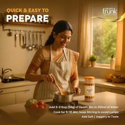 Woman preparing Nature’s Trunk health mix in home kitchen, easy cooking process, nutritious health drink recipe