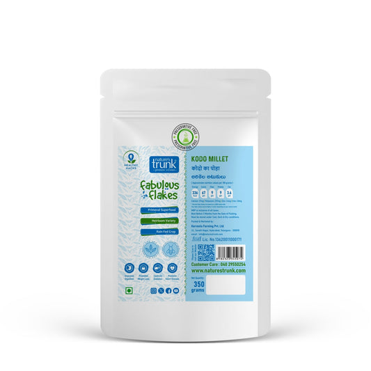 Nature’s Trunk Kodo Millet Flakes 350g pack showing healthy gluten-free breakfast – kodo millet flakes