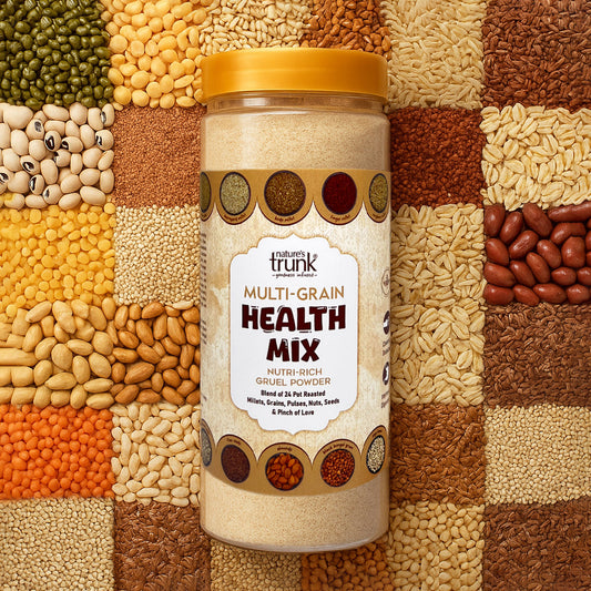 Nature’s Trunk multi-grain health mix jar with assorted grains background, nutritious gruel powder for daily health