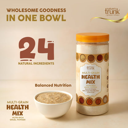 Nature’s Trunk multi-grain health mix jar with bowl of gruel, made from 24 natural ingredients for balanced nutrition