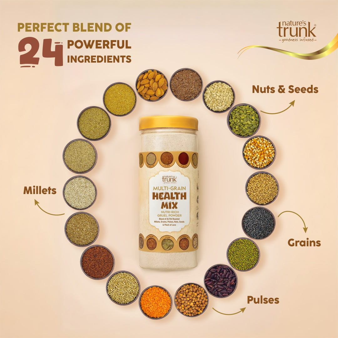 Nature’s Trunk multigrain health mix powder with 24 ingredients including millets, pulses, grains, nuts and seeds