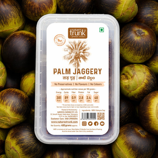 Unrefined palm jaggery blocks on wooden board – Nature’s Trunk palm jaggery