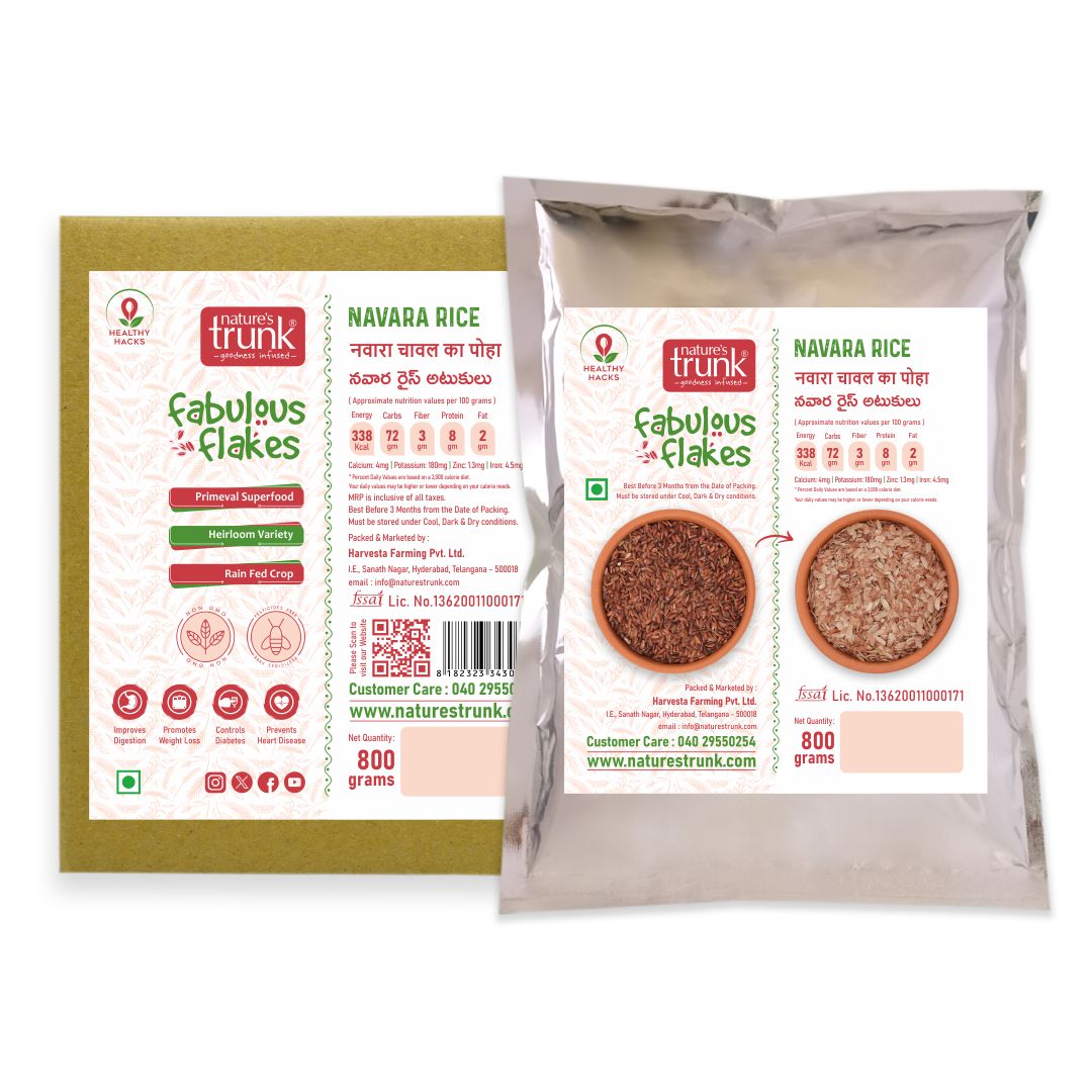 Nature’s Trunk Navara Red Rice Flakes nutrition label showing healthy grain facts – navara millet flakes online