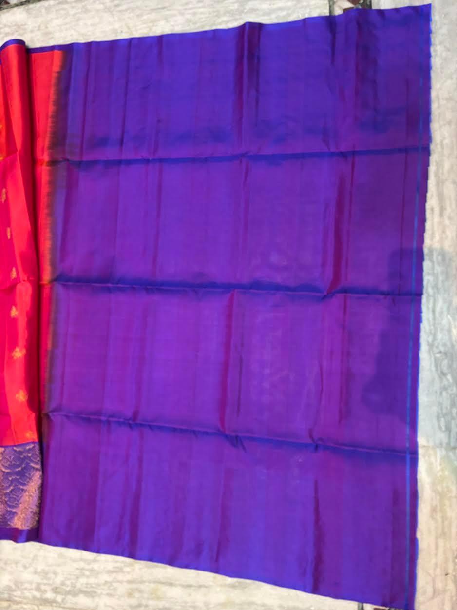 Luxury Soft Silk Saree in Orange & Violet | Gold Zari Butta Design - pochampallysarees.com