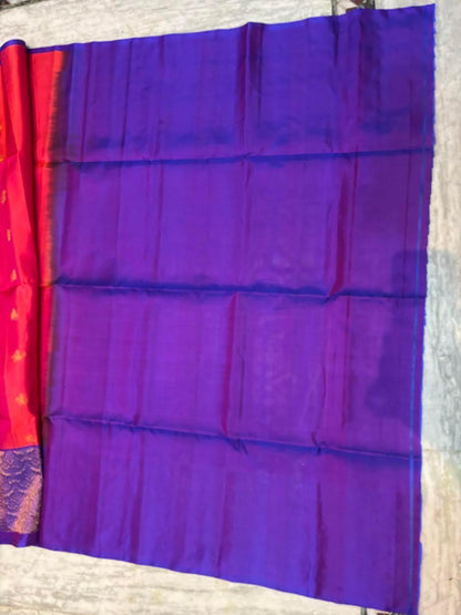 Luxury Soft Silk Saree in Orange & Violet | Gold Zari Butta Design - pochampallysarees.com