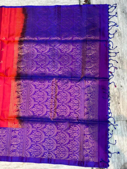 Luxury Soft Silk Saree in Orange & Violet | Gold Zari Butta Design - pochampallysarees.com