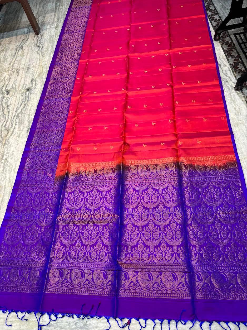 Luxury Soft Silk Saree in Orange & Violet | Gold Zari Butta Design - pochampallysarees.com