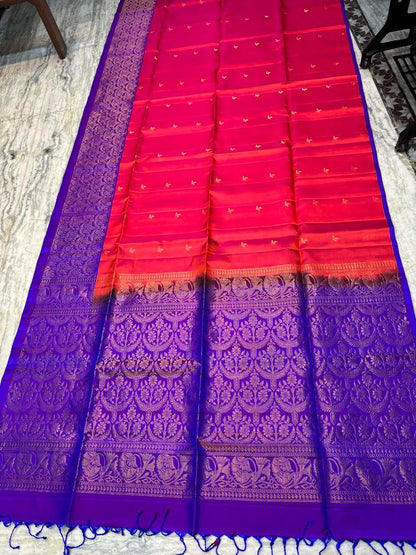 Luxury Soft Silk Saree in Orange & Violet | Gold Zari Butta Design - pochampallysarees.com
