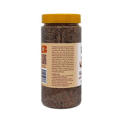 Organic flax seeds jar with detailed nutrition and usage label, premium quality healthy seeds, buy organic seeds online