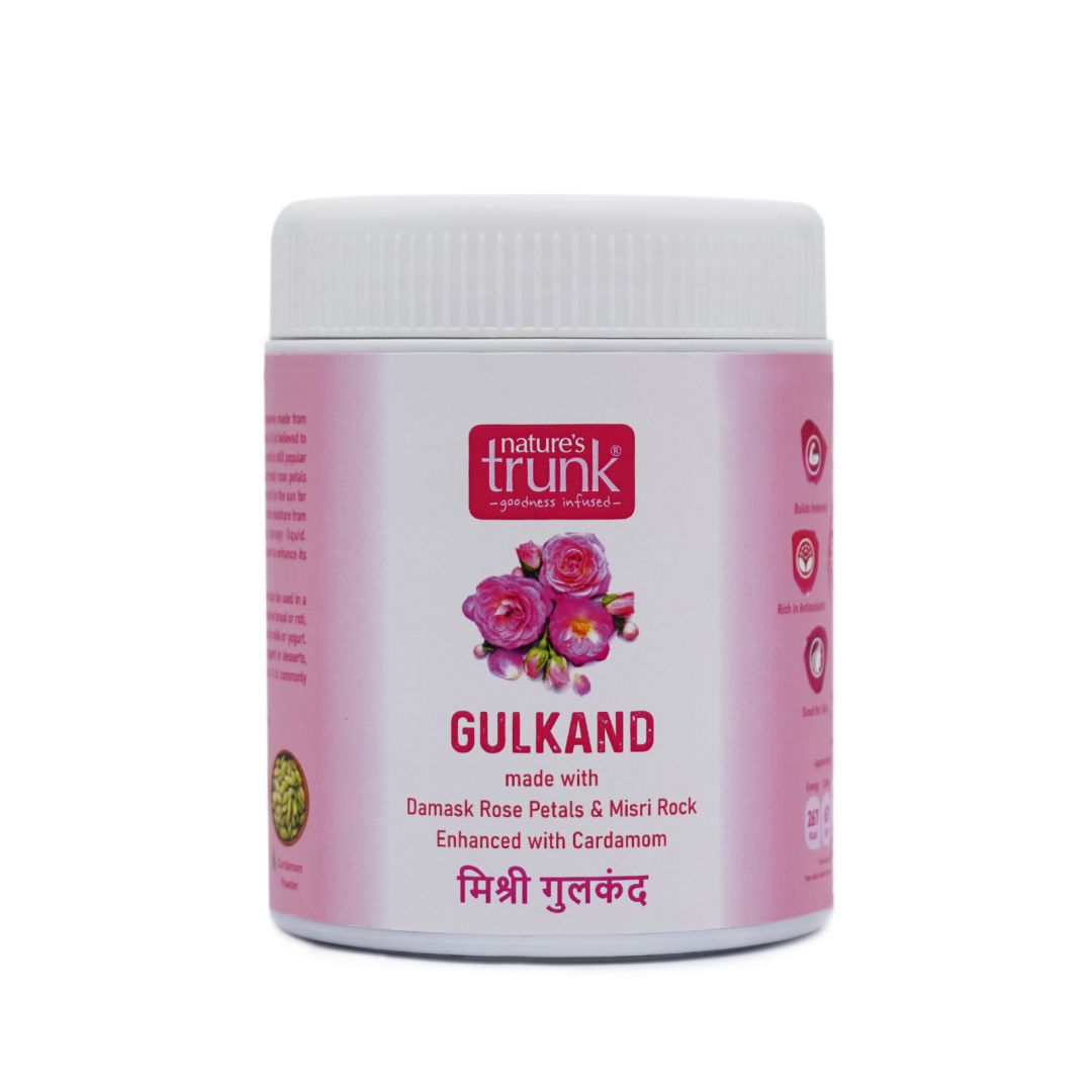 Nature's Trunk gulkand jar made with Damask rose petals, misri rock and cardamom, healthy traditional sweet preserve