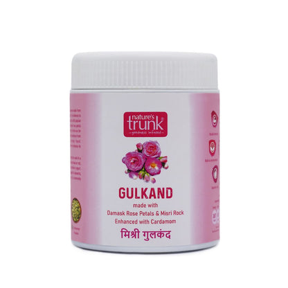 Nature's Trunk gulkand jar made with Damask rose petals, misri rock and cardamom, healthy traditional sweet preserve