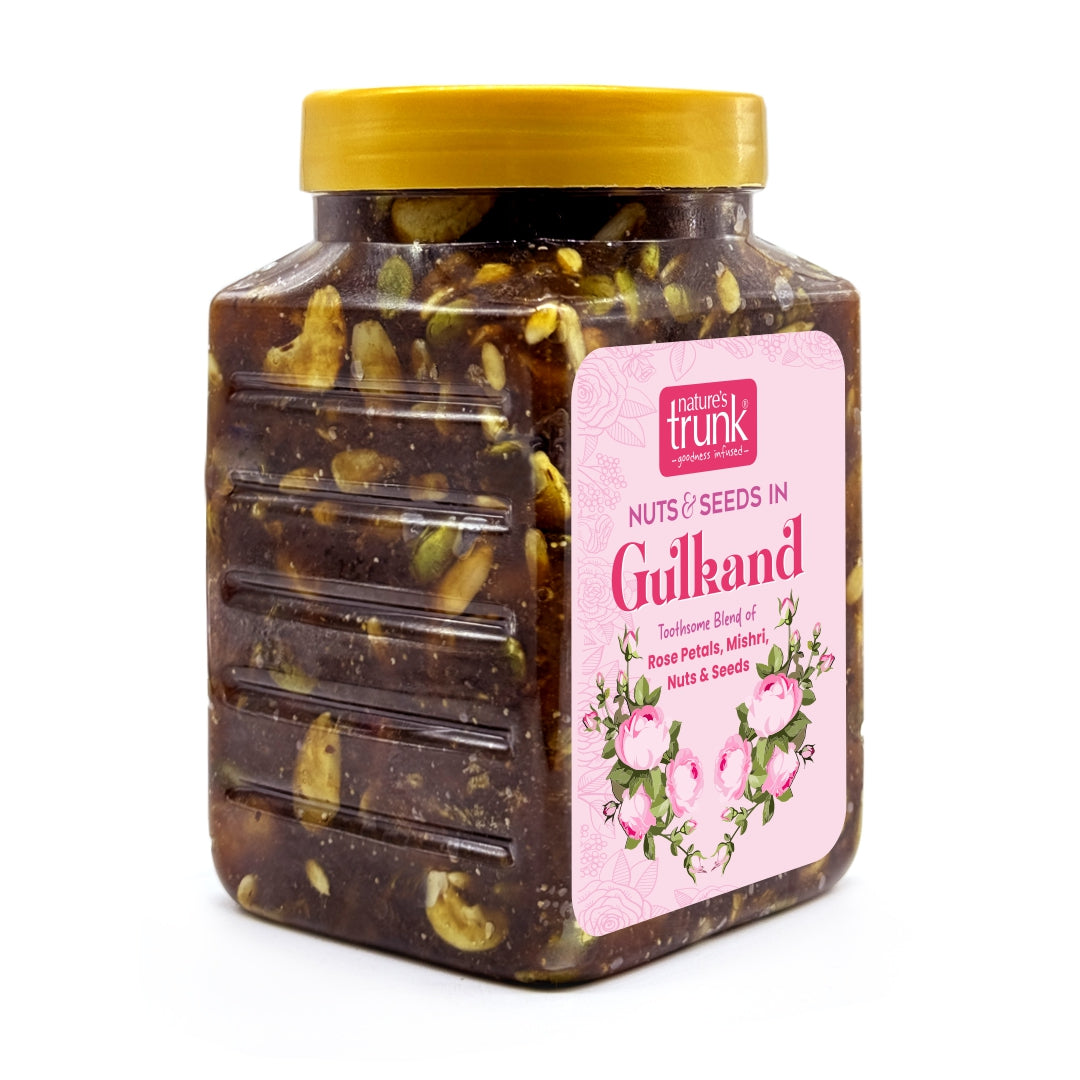 Organic rose gulkand with nuts and seeds close-up, rich texture and flavor, perfect to buy gulkand online.