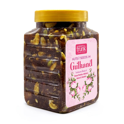 Organic rose gulkand with nuts and seeds close-up, rich texture and flavor, perfect to buy gulkand online.