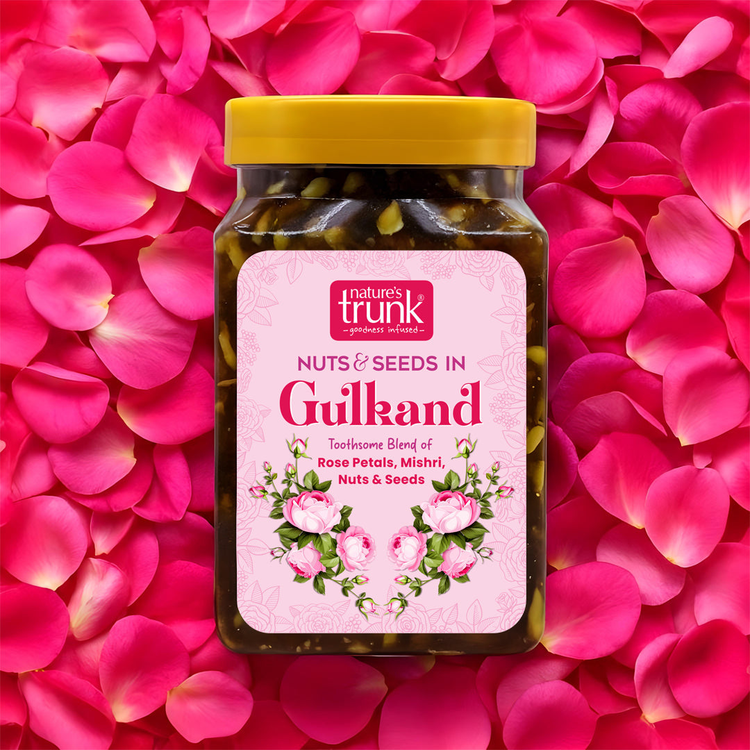 Organic rose gulkand blended with premium nuts and seeds, rich in taste and quality, ideal to buy gulkand online.