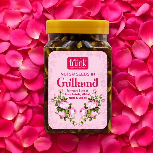 Organic rose gulkand blended with premium nuts and seeds, rich in taste and quality, ideal to buy gulkand online.